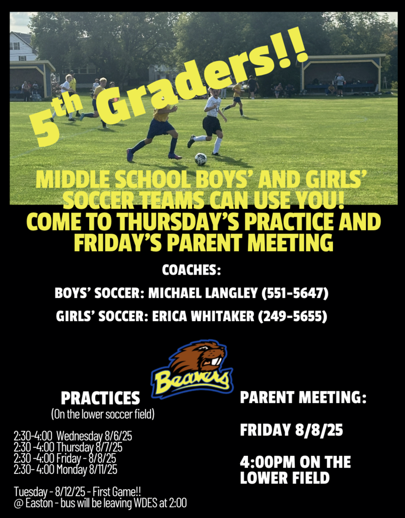 soccer team tryouts flyer with photo of players and information about fifth graders being invited to practice on 8/7/25 to join the teams.