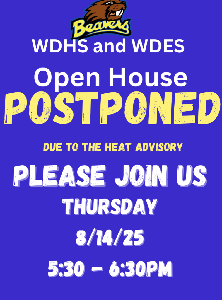 A blue flyer with information about a rescheduled open house from Monday to Thursday due to a heat advisory