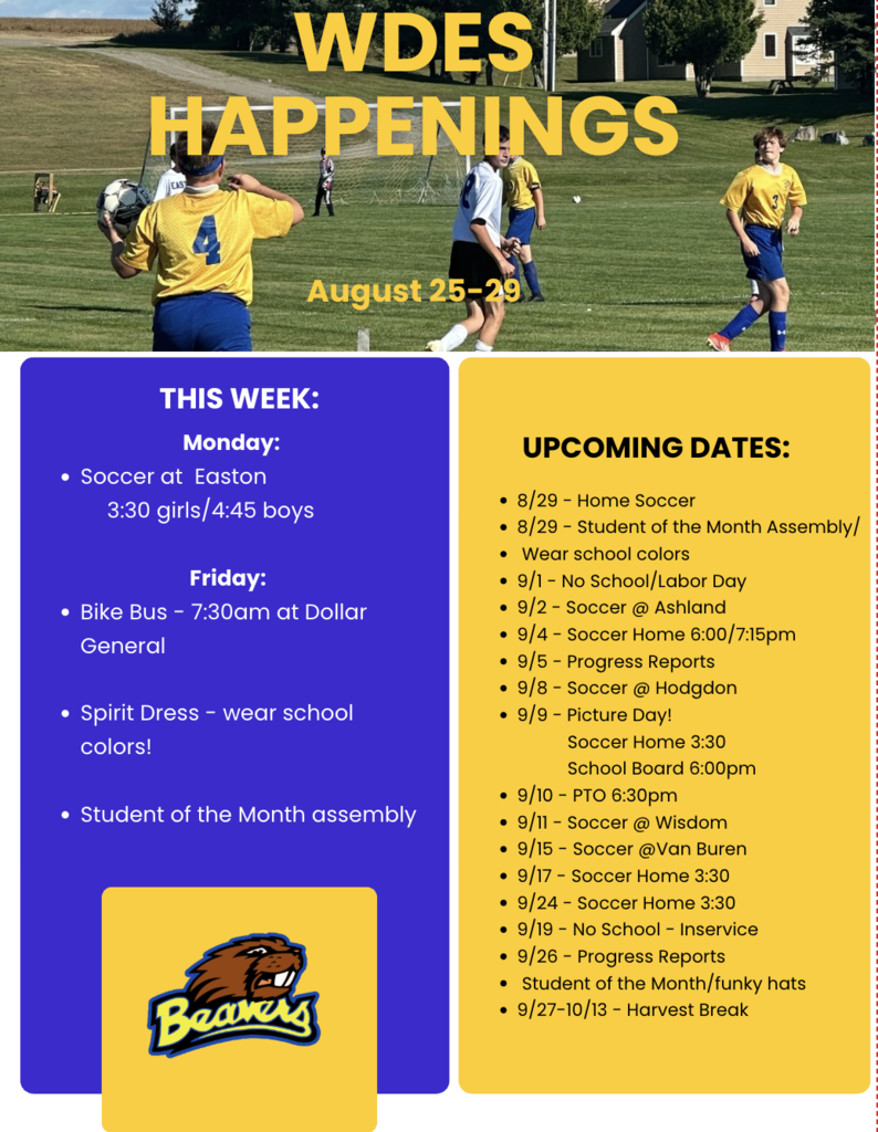 Yellow and gold newsletter outlining activities for the week ahead at WDES.