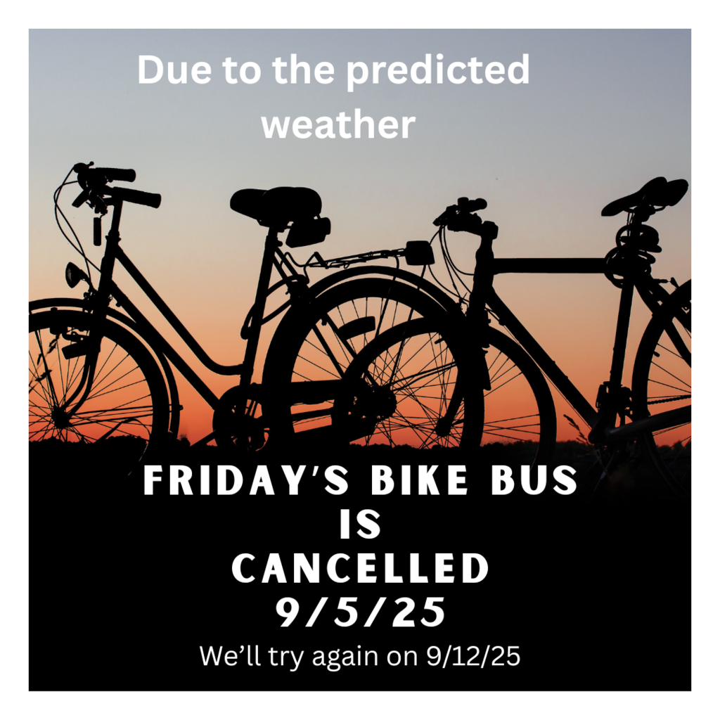 Sunset picture with bikes in front. Letting people know that bike bus has been cancelled this week.