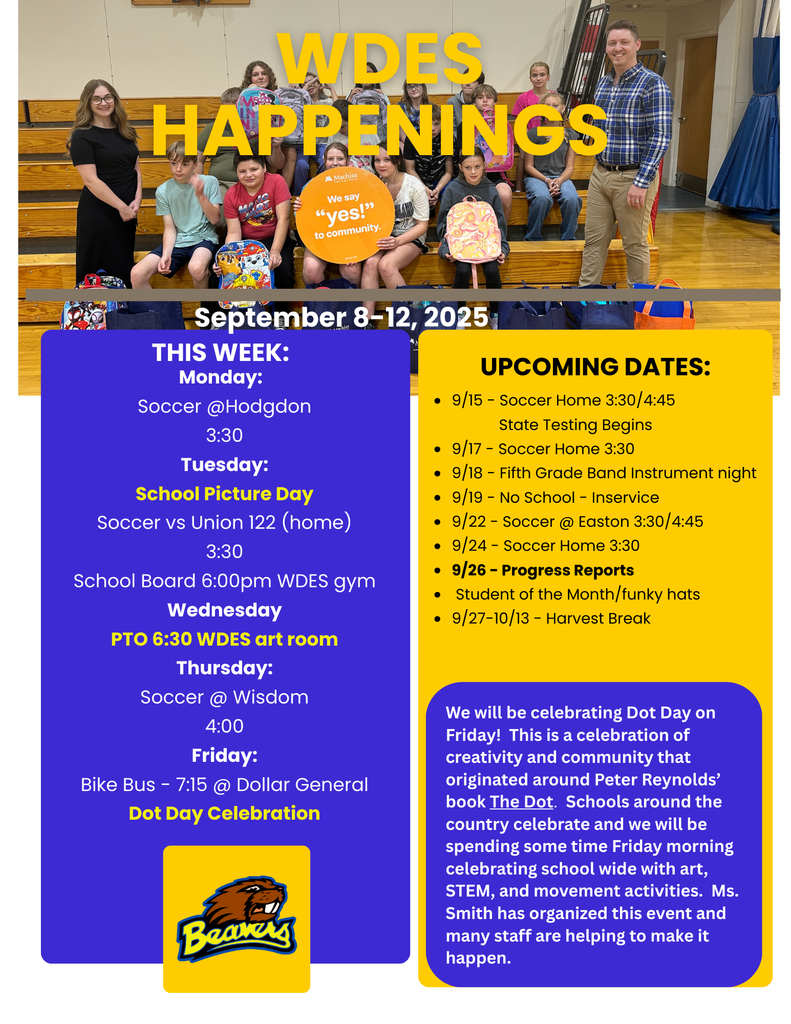 Yellow and blue newsletter with a picture of students receiving donations of school supplies.