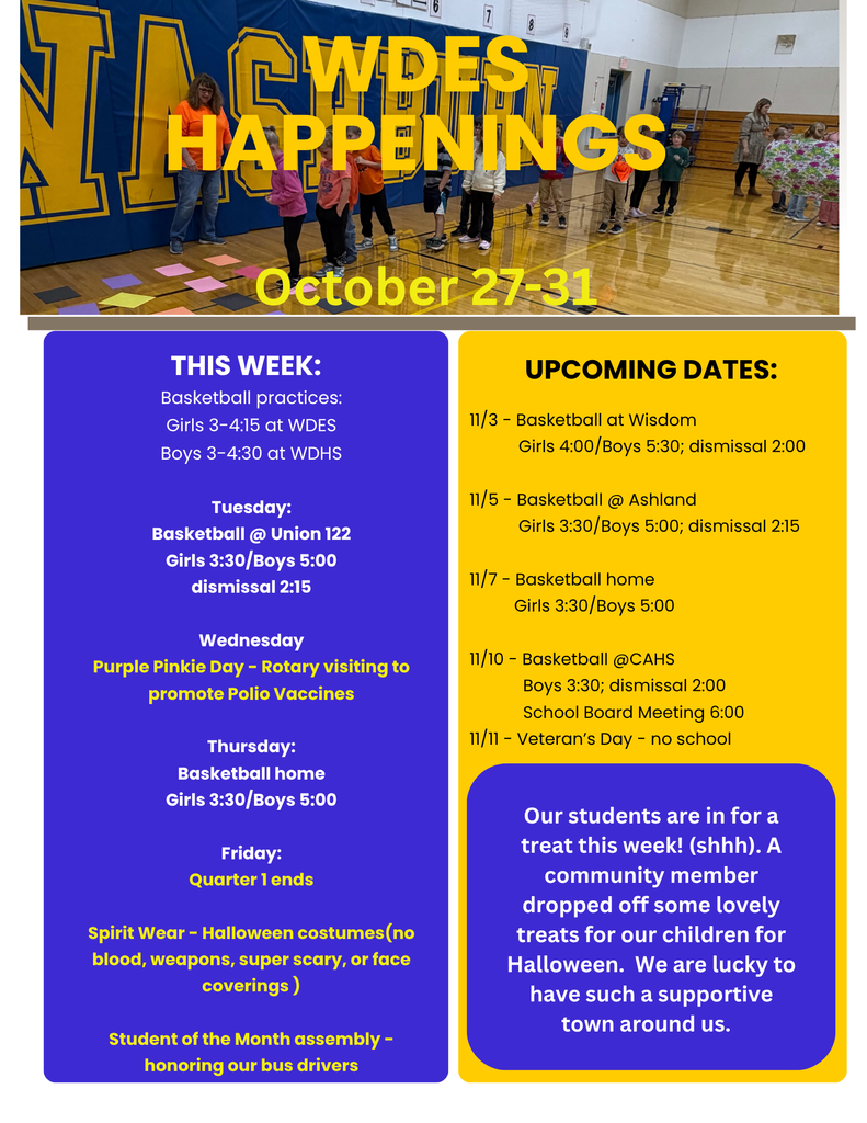 October 27-31 happenings - calendar of events for the coming week at WDES