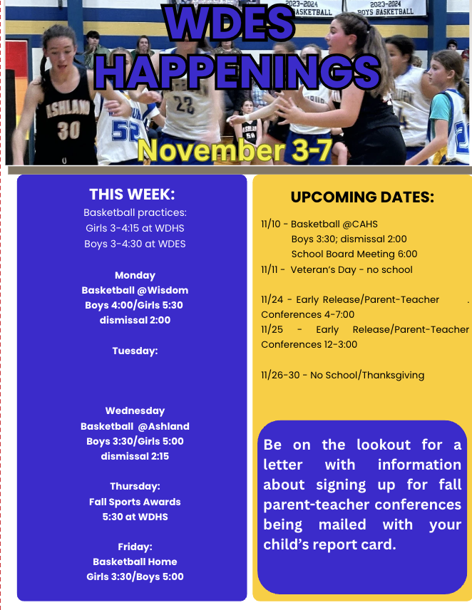 Blue and Gold newsletter with dates of happenings for the upcoming week.