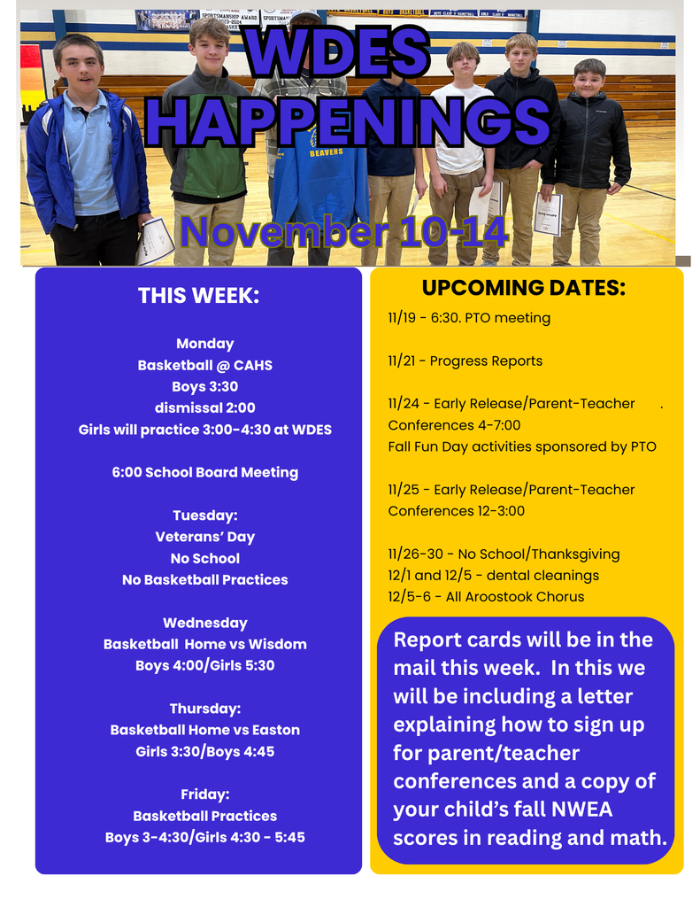 Blue and Gold newsletter with dates of happenings at WDES