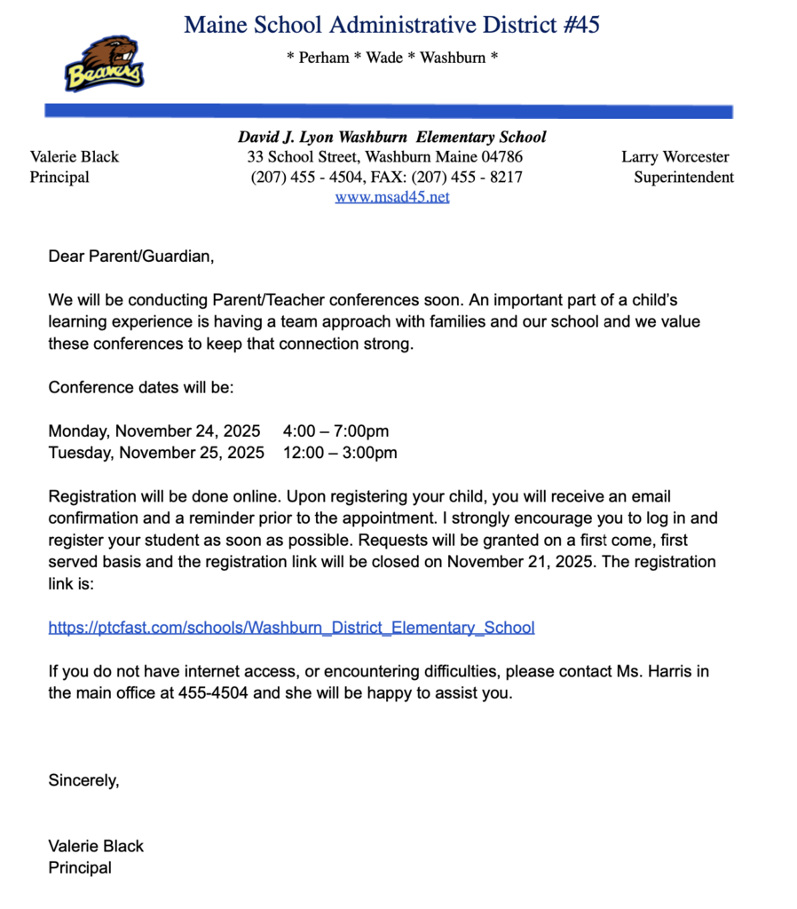 letter with information about parent-teacher conferences