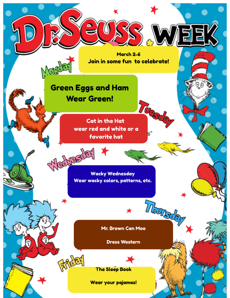A multi-colored poster outlining a Dr. Seuss Spirit Week.