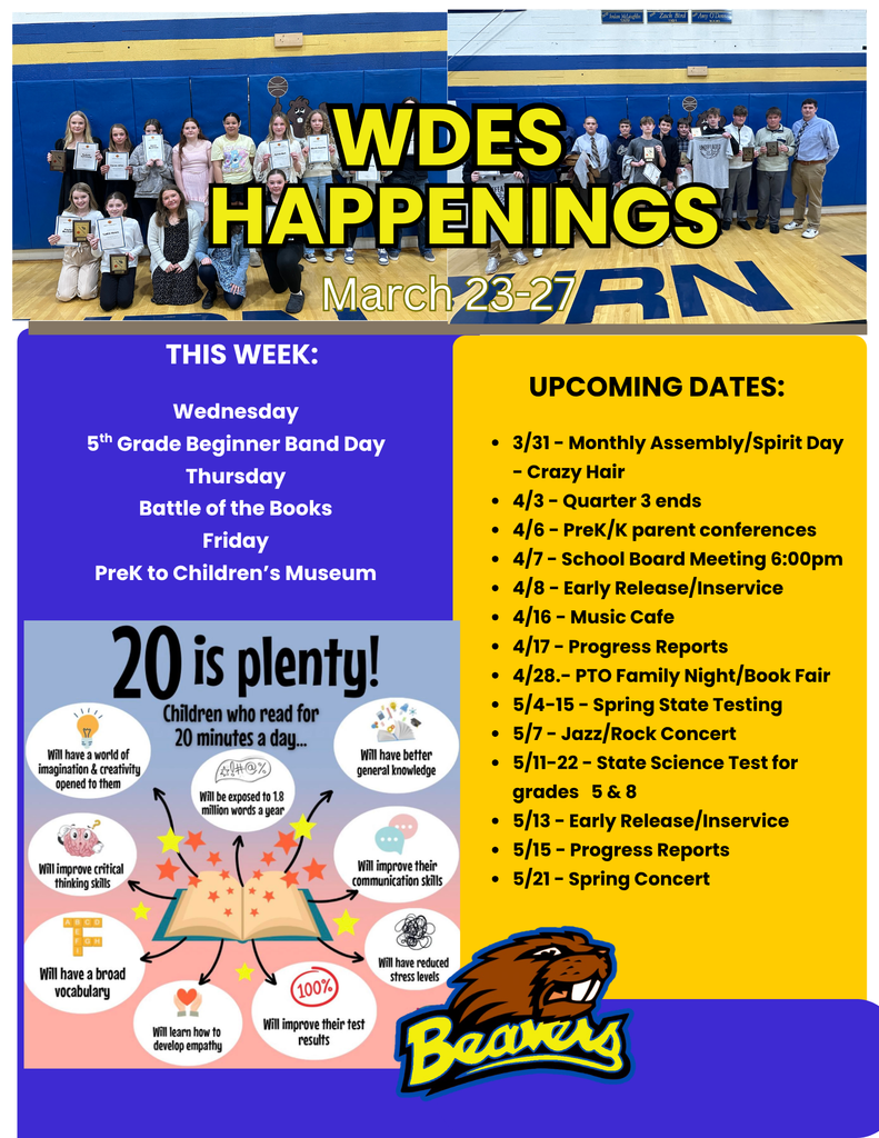 blue and gold newsletter with a reading graphic outlining benefits of reading daily.