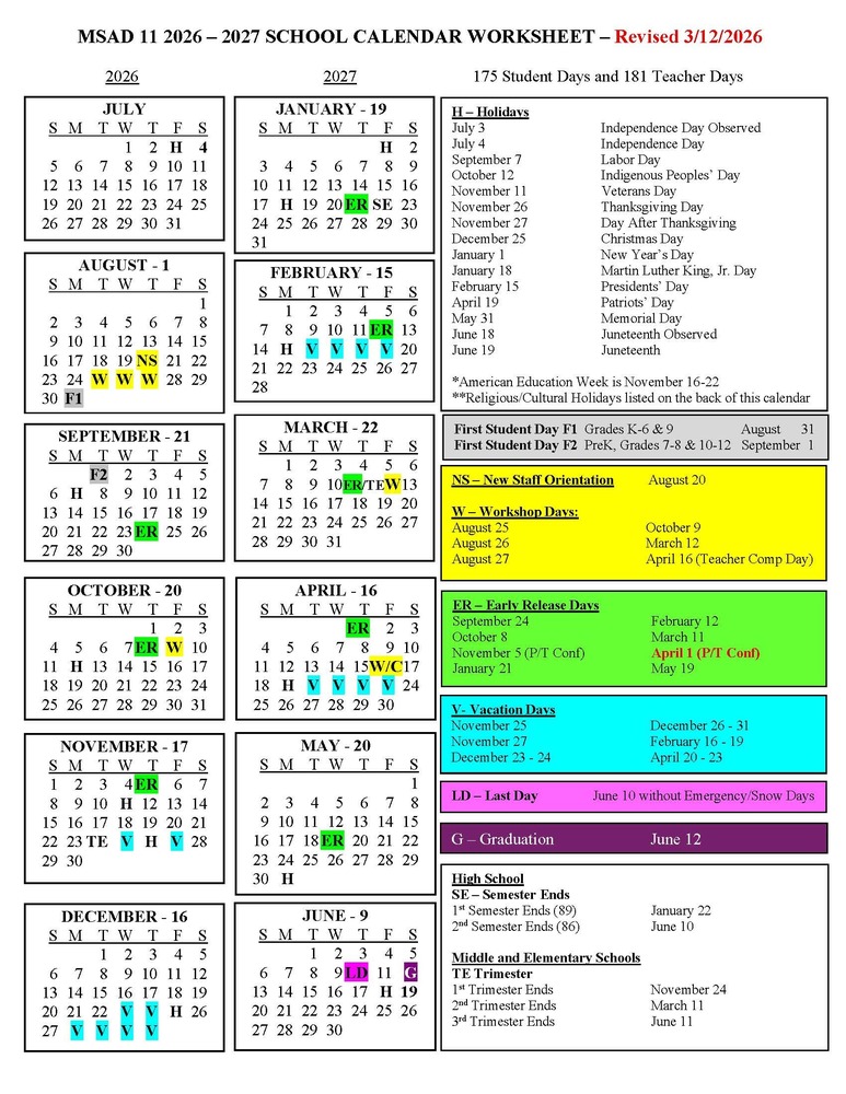 REVISED MSAD 11 2026-2027 School Calendar Page 2
