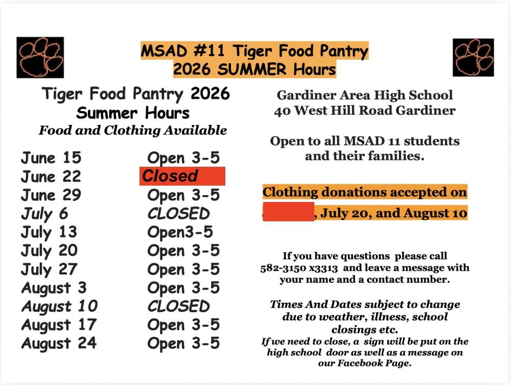 Tiger Food Pantry Summer Hours 2025