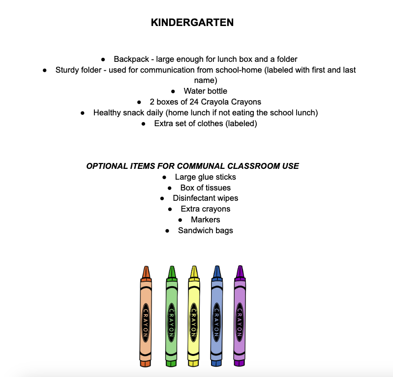 Kindergarten Supply List
