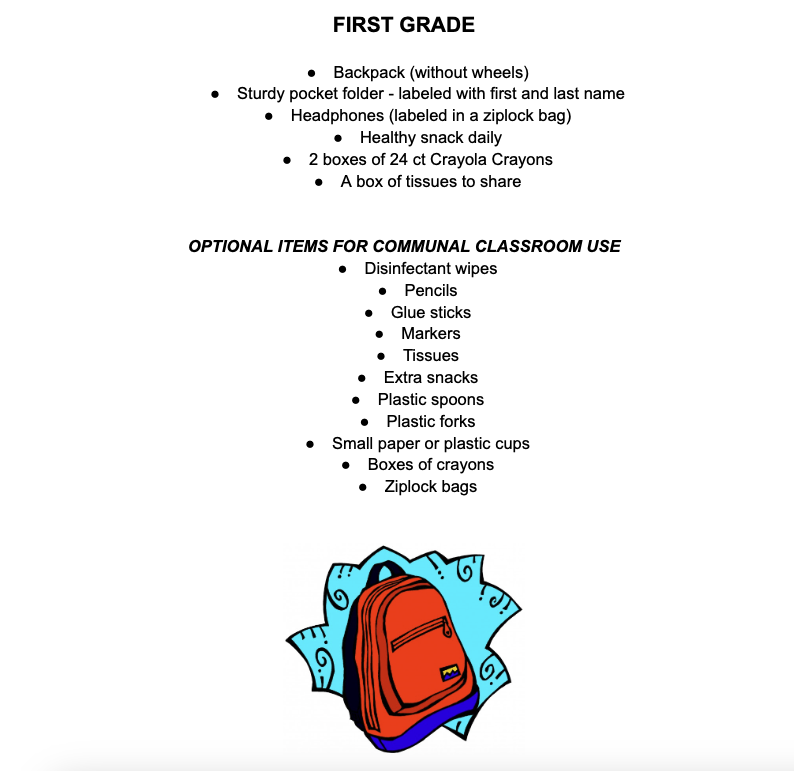 1st Grade Supply List