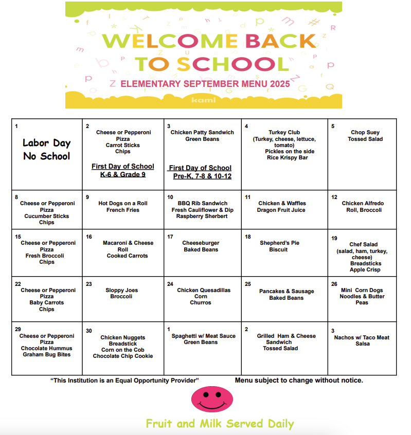 September '25 Lunch Menu