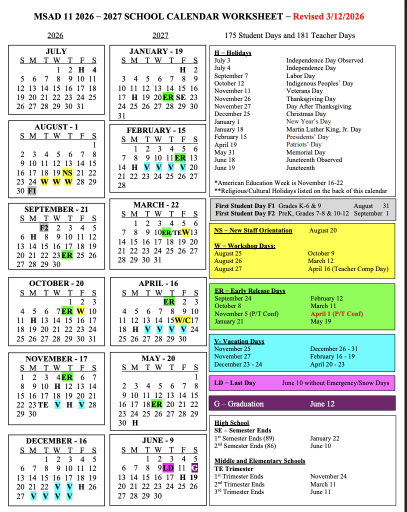 MSAD 11 Calendar