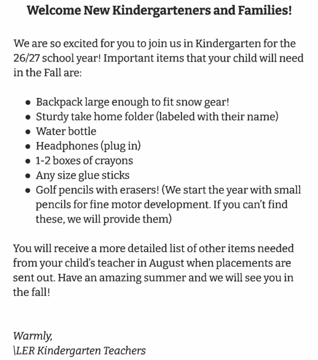 Kindergarten supply list