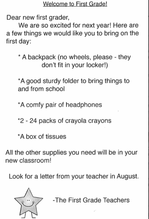 1st Grade supply list