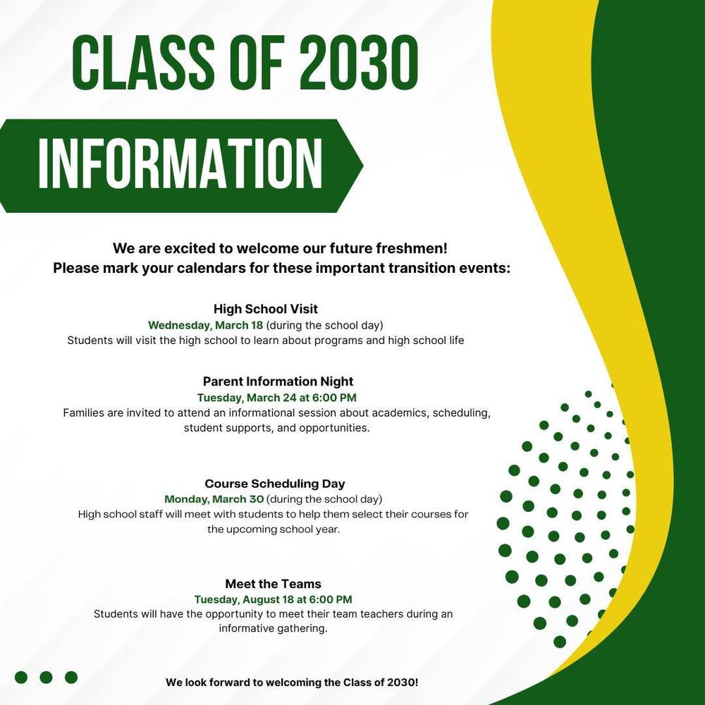 Class of 2030 information for transitioning to the high school
