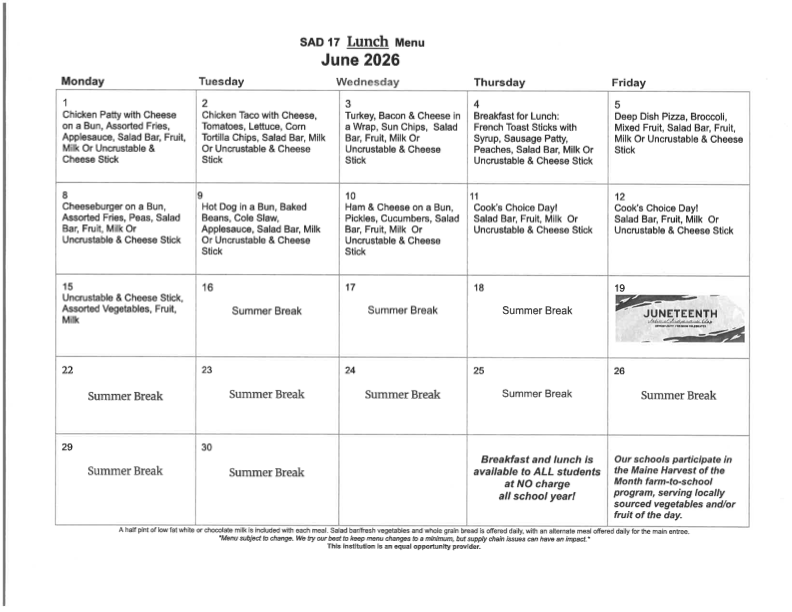 June 2026 lunch menu