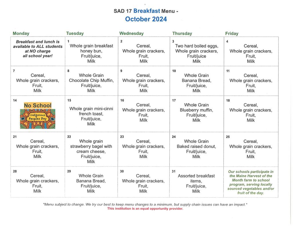 October Breakfast Menu