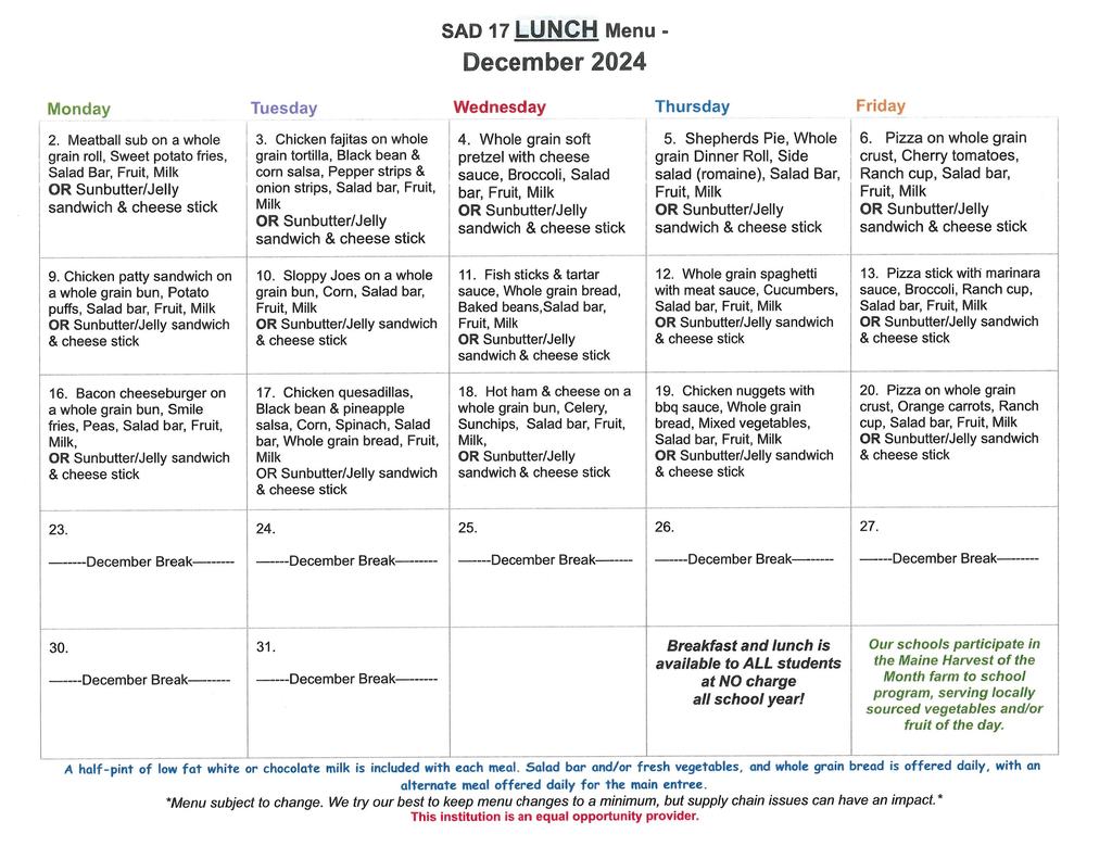 December Lunch Menu