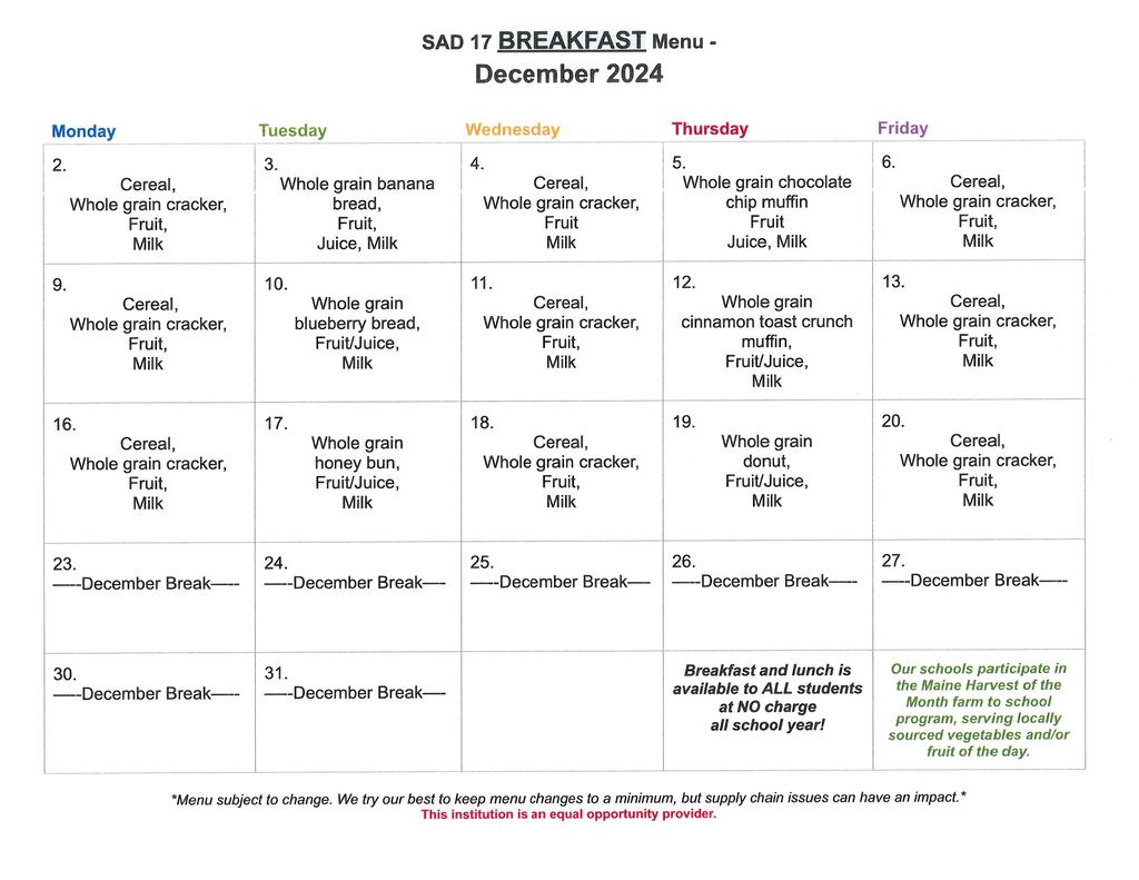 December Breakfast Menu