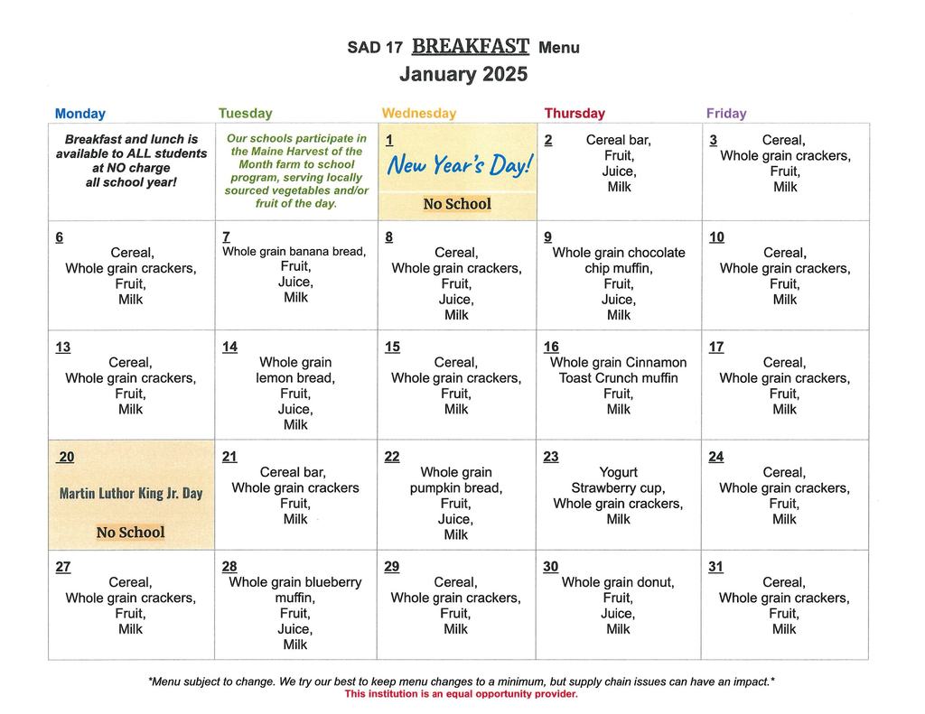 January Breakfast Menu