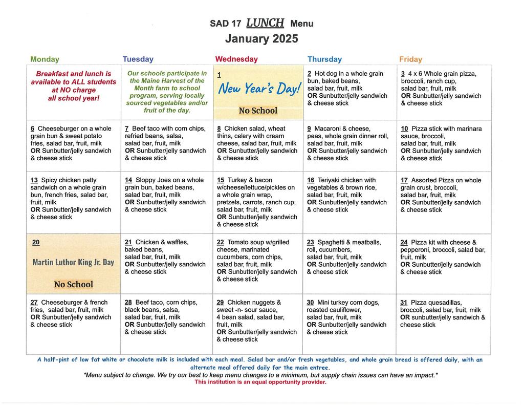 January Lunch Menu