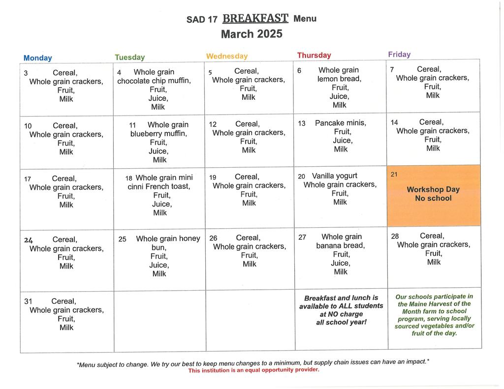 March breakfast menu