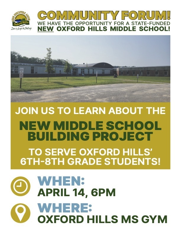 Flyer advertising April 14 Community Forum meeting on new middle school