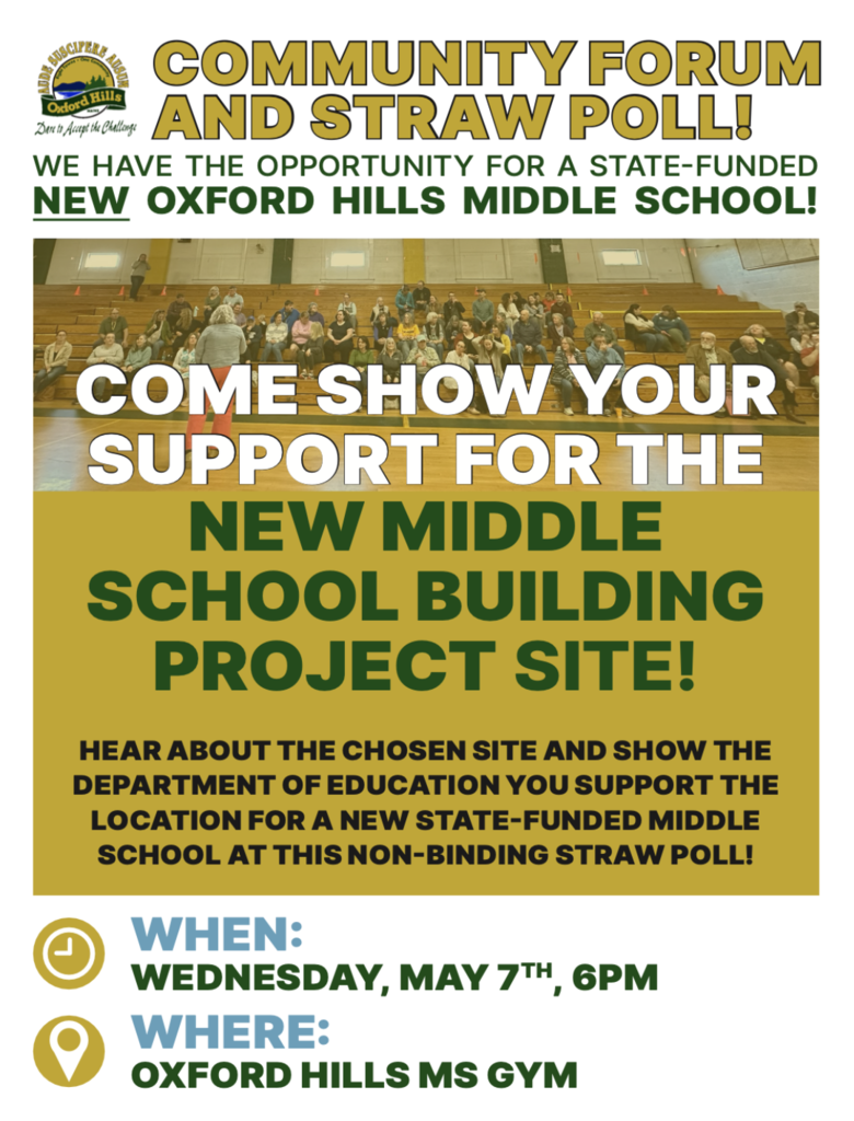 flyer for the May 7 Community Forum Straw Poll for the new OHMS