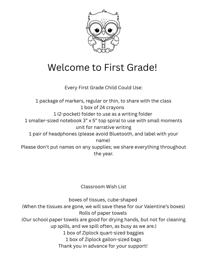 1st Grade Supply List