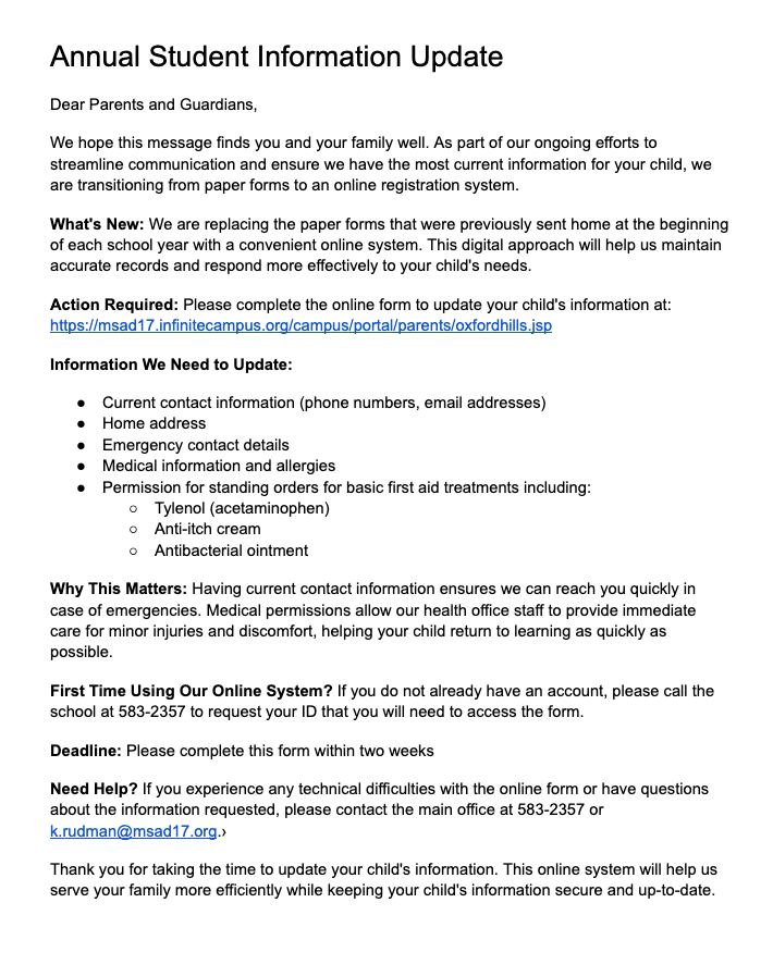 Parent Registration Letter