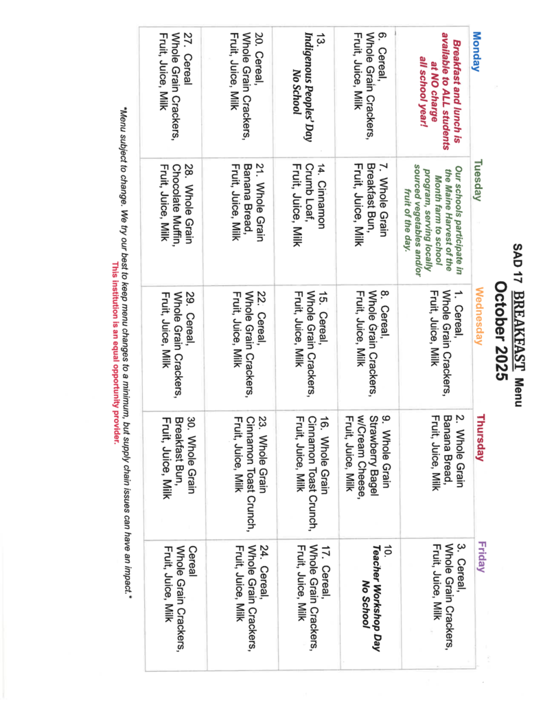 October 2025 - Breakfast menu