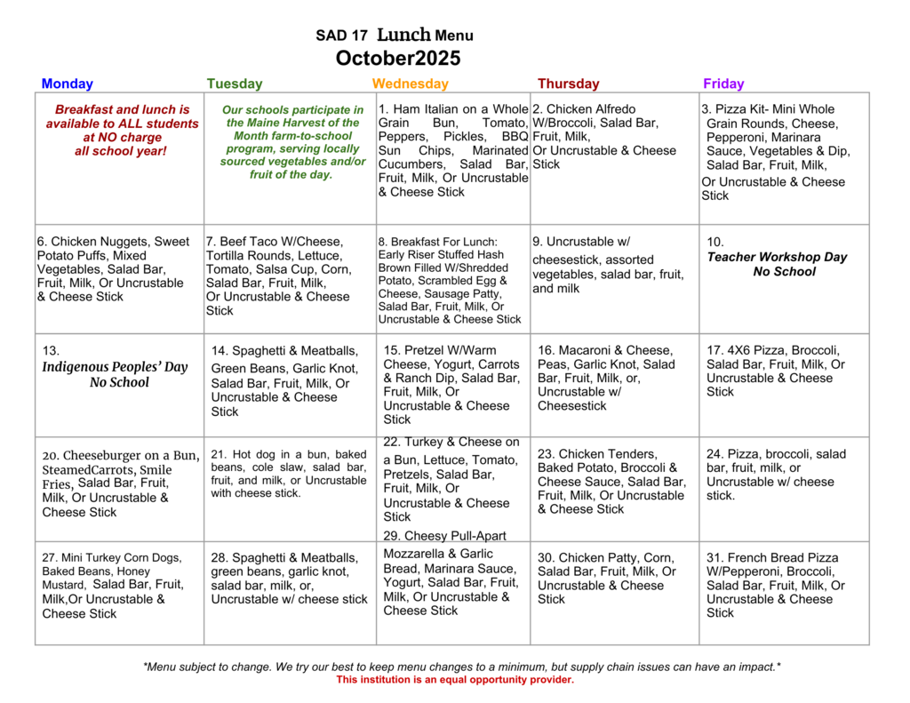 October 2025- Lunch menu