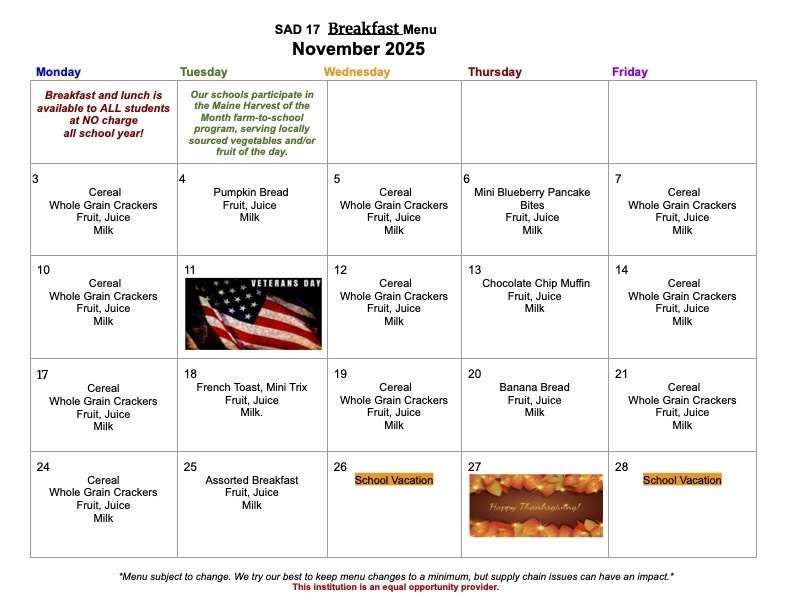 Nov. breakfast menu