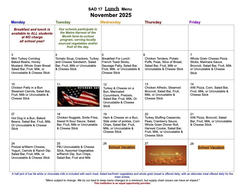 Nov. lunch menu