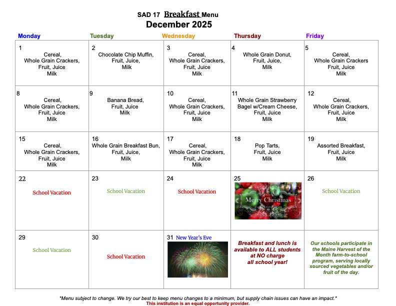 December breakfast and lunch menus