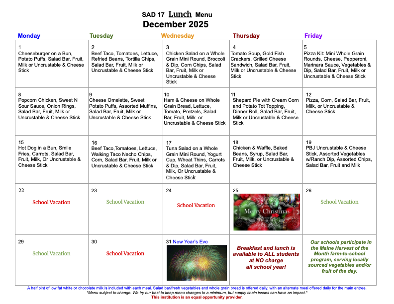 December breakfast and lunch menus