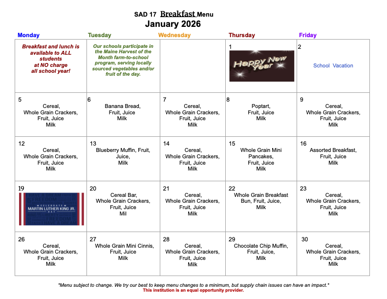 January breakfast and lunch menus