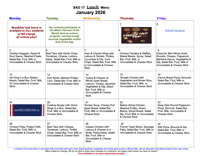January breakfast and lunch menus