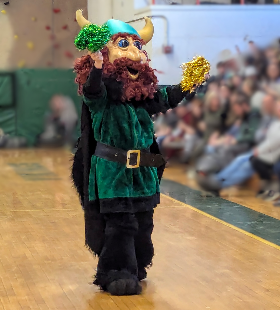 Viking mascot cheering with pompoms