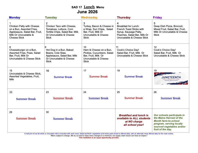 June lunch menu
