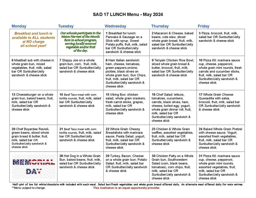 Lunch Menu for May