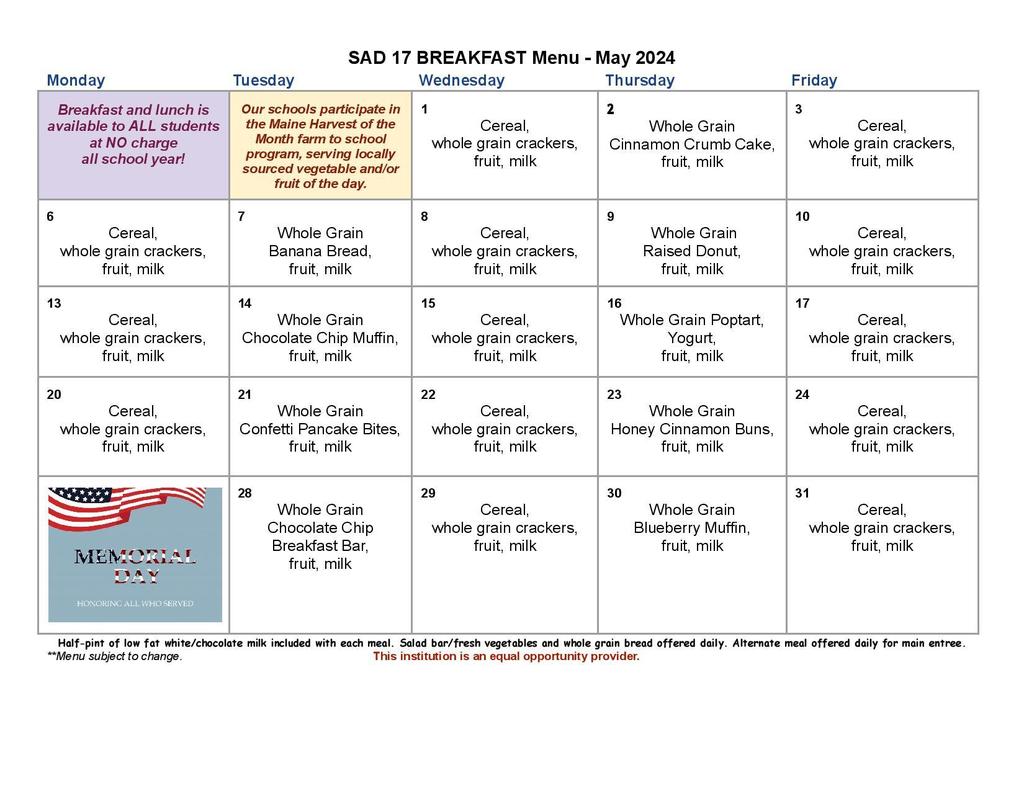 Breakfast Menu for May