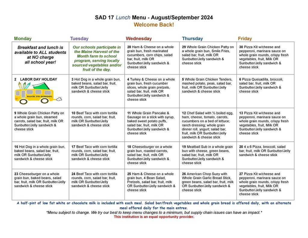 August/September Lunch Menu