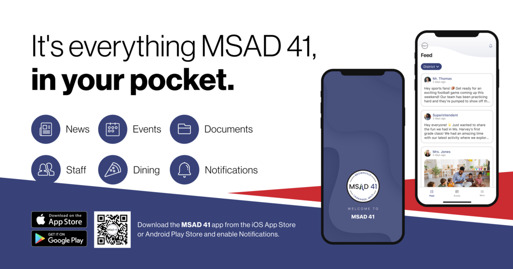 App announcement indicating where it can be downloaded and the information such as News, Events, Documents, Staff, Dining that can be found there. 