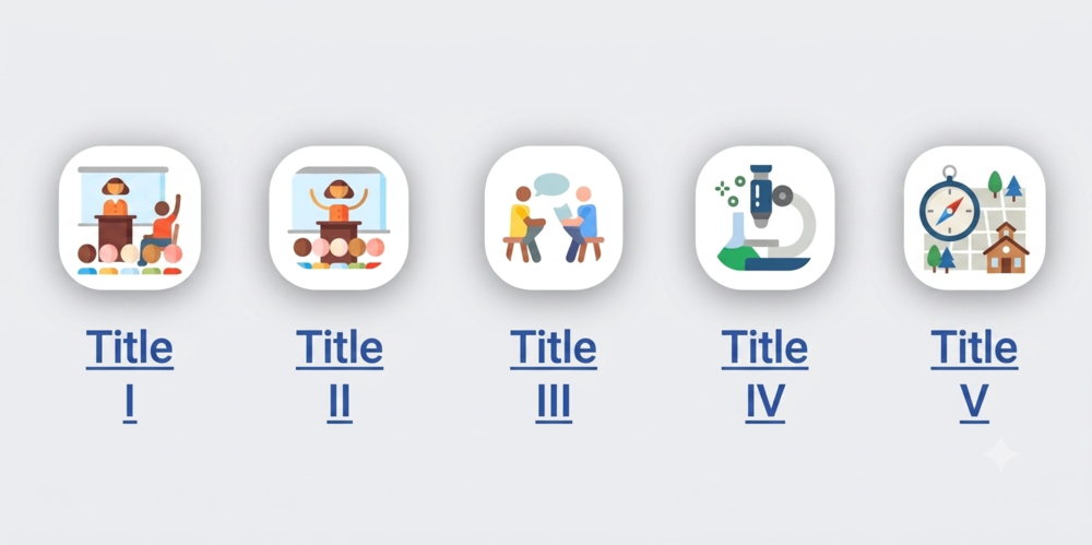 Images of classroom environments with text under each of Title I, Title II, Title III, Title IV, and Title V