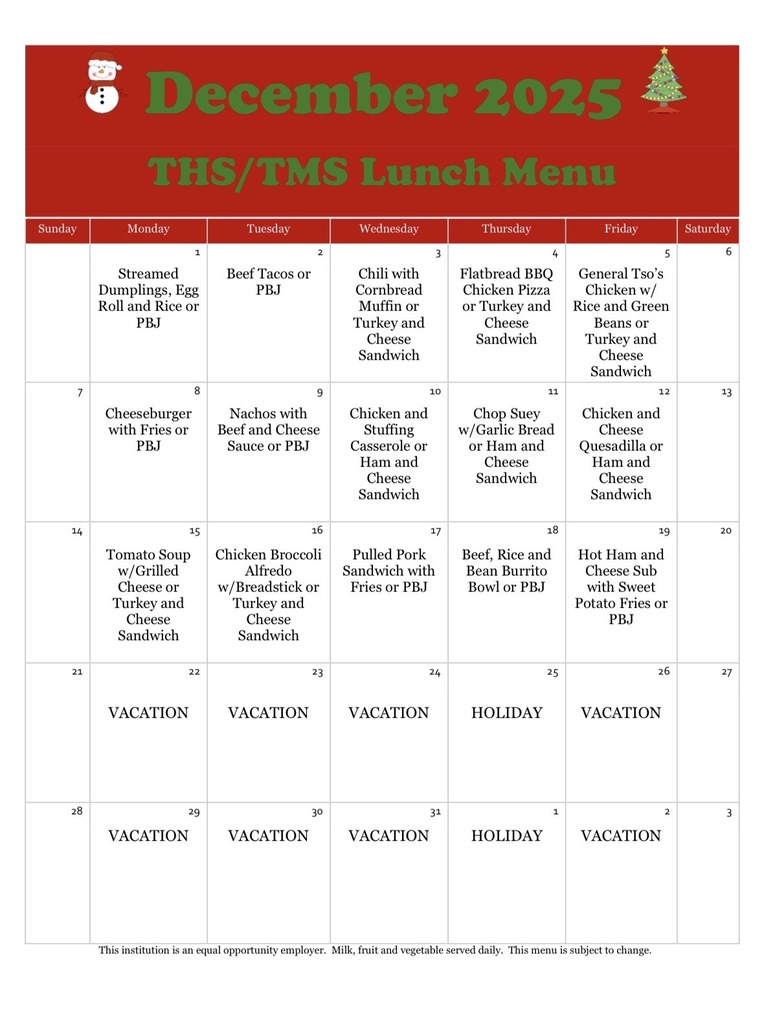 December Lunch Menu