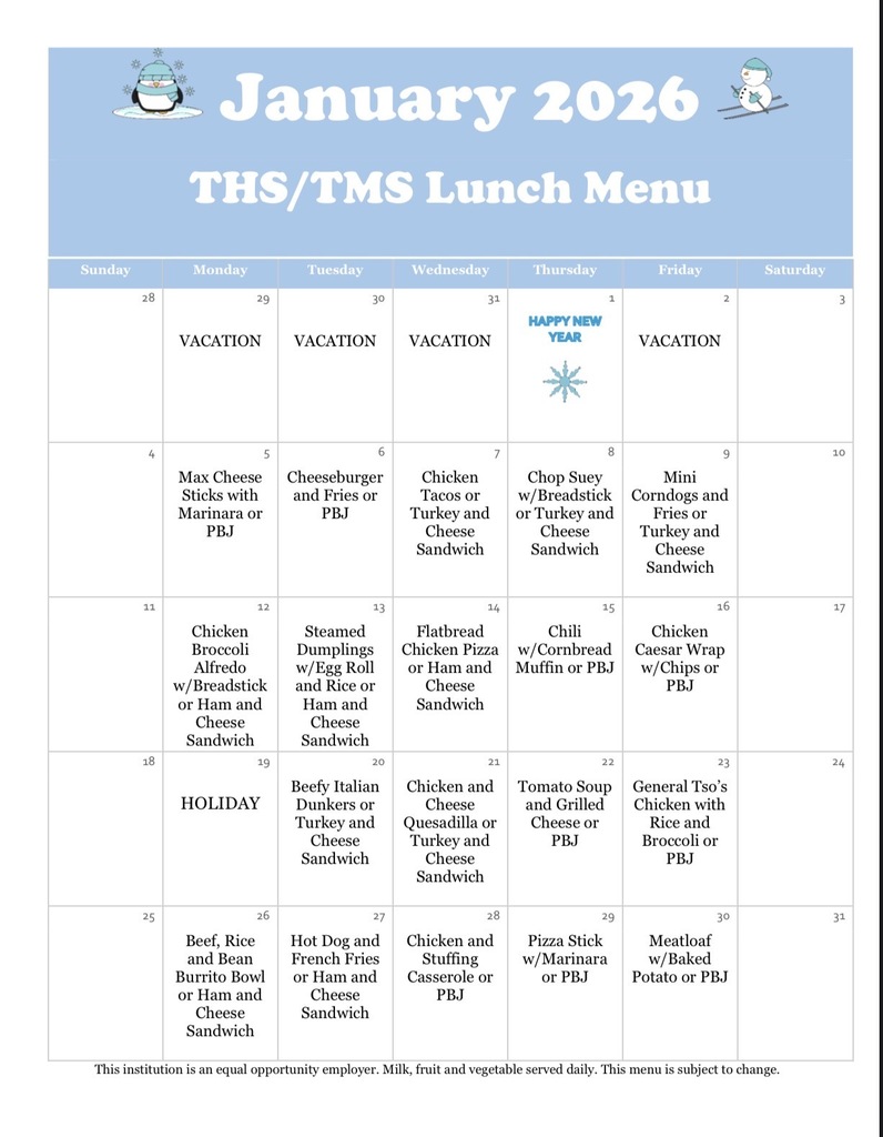 January 2026 Lunch Menu