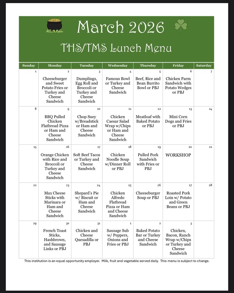 TMS/THS March Lunch Menu