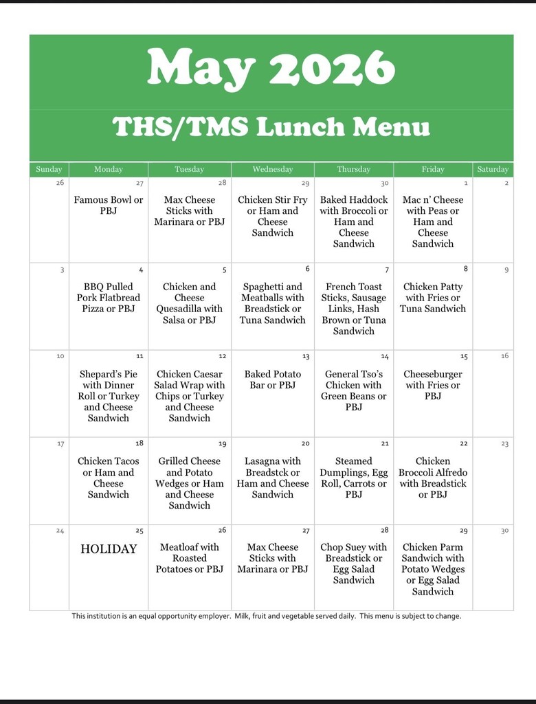 May 2026 Lunch Menu